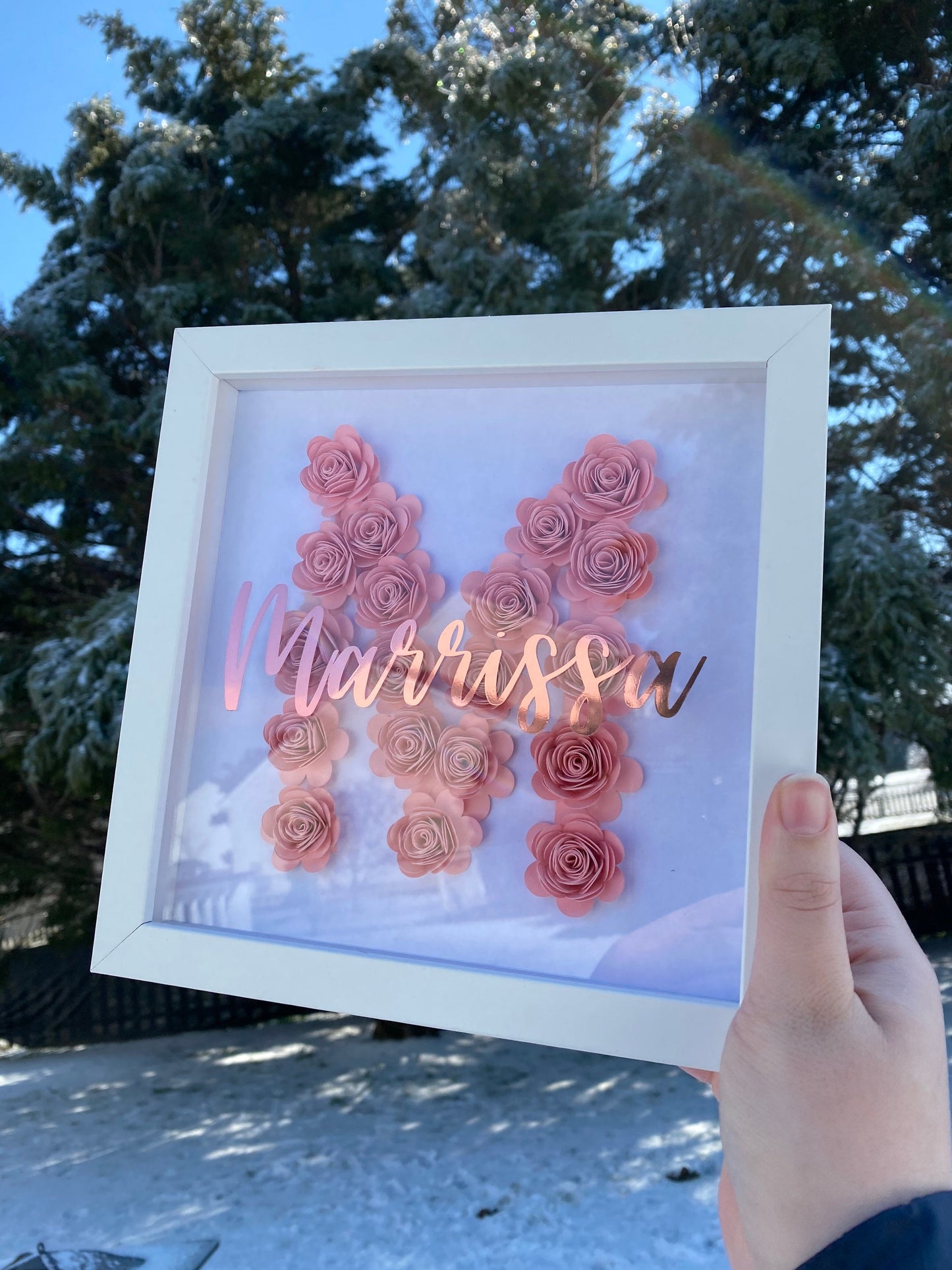 Initial & Name Shadowbox with Paper Flowers - SunHavenCo