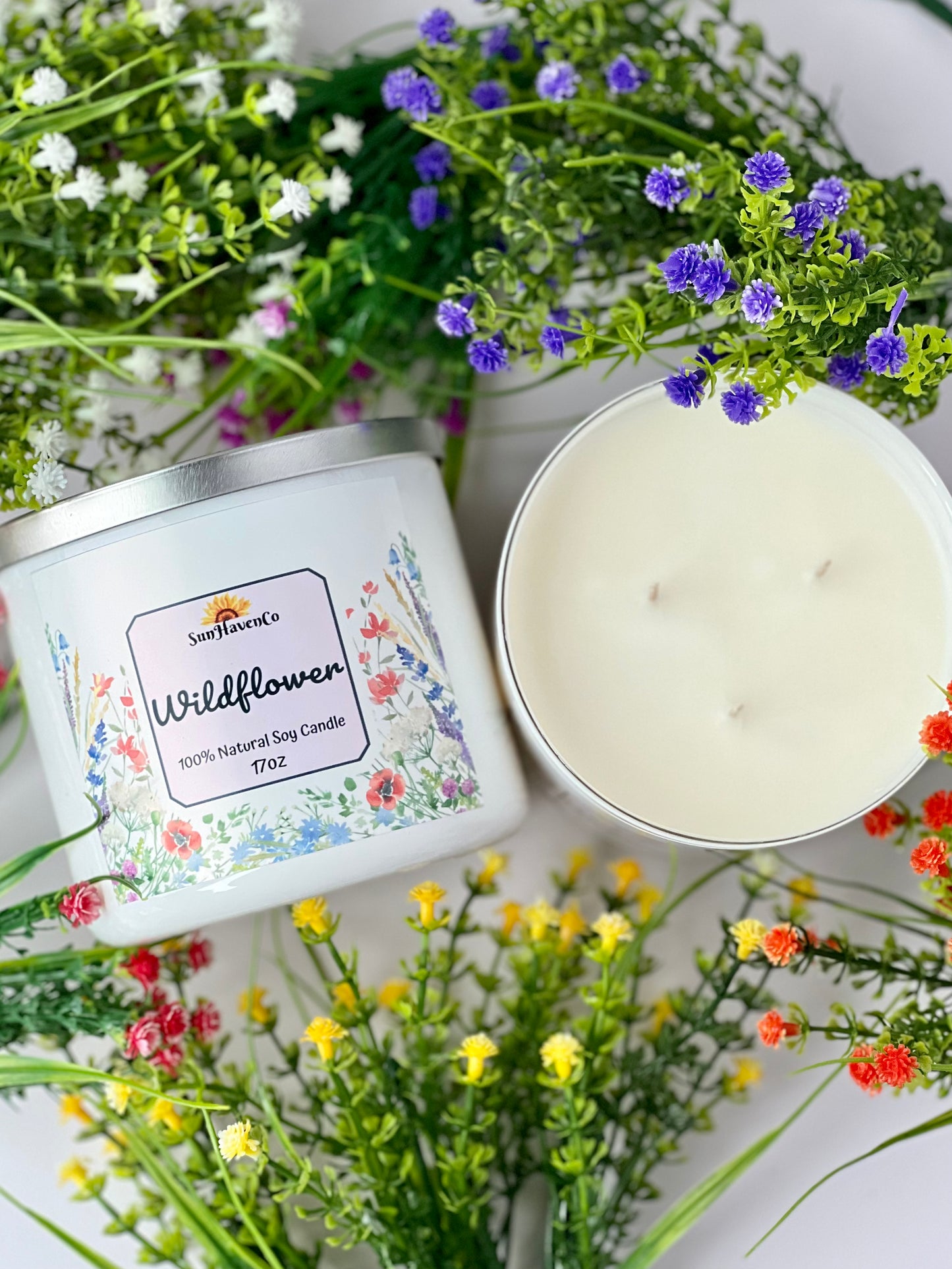 Large Wild Flowers Soy Wax Candles. 3 Wick Candles - SunHavenCo