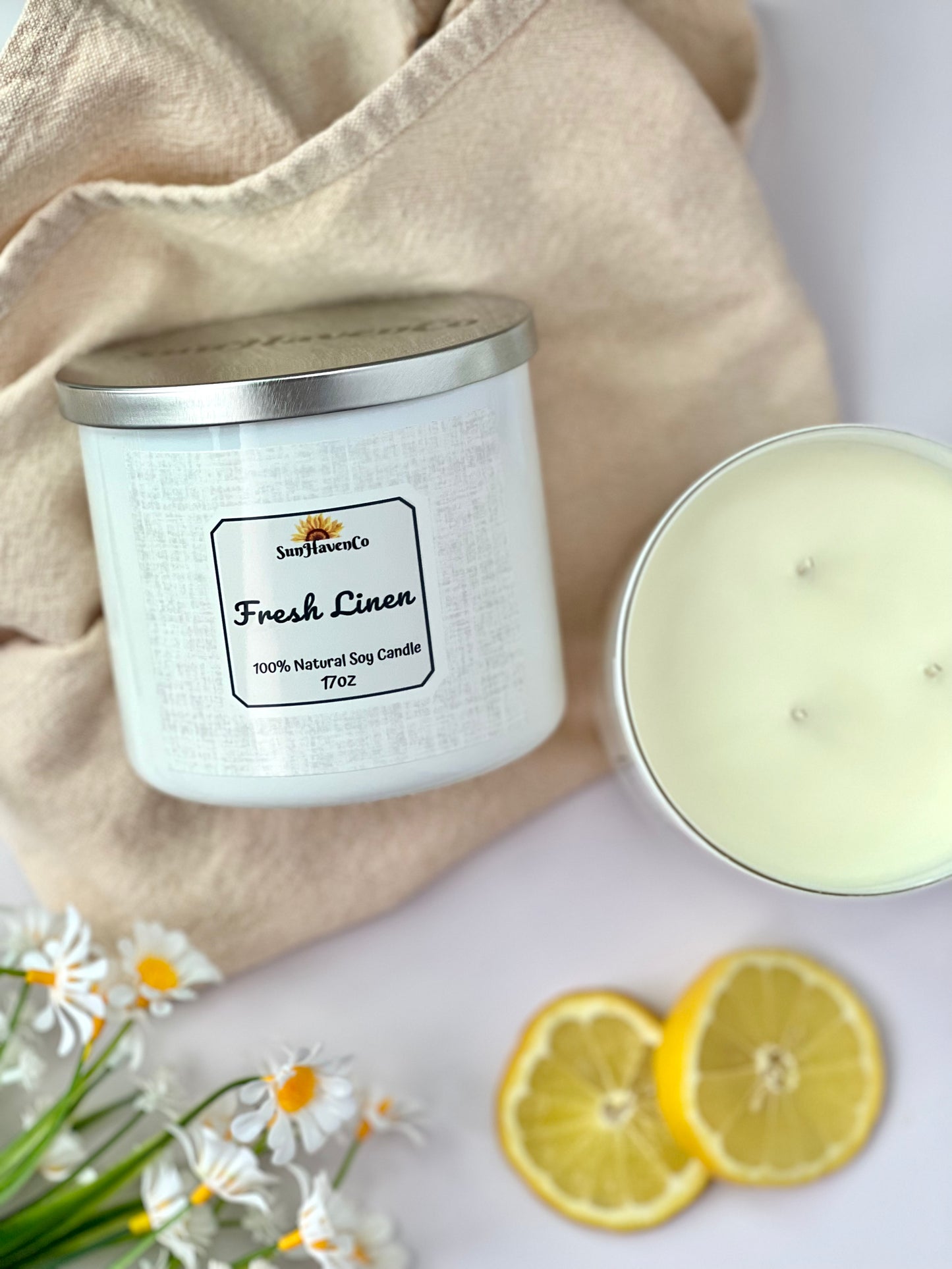Large Fresh Linen Soy Wax Candles. 3 Wick Candles - SunHavenCo