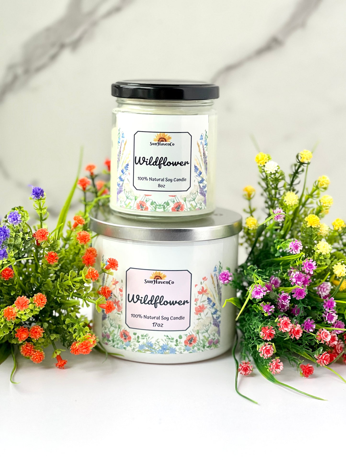 Large Wild Flowers Soy Wax Candles. 3 Wick Candles - SunHavenCo
