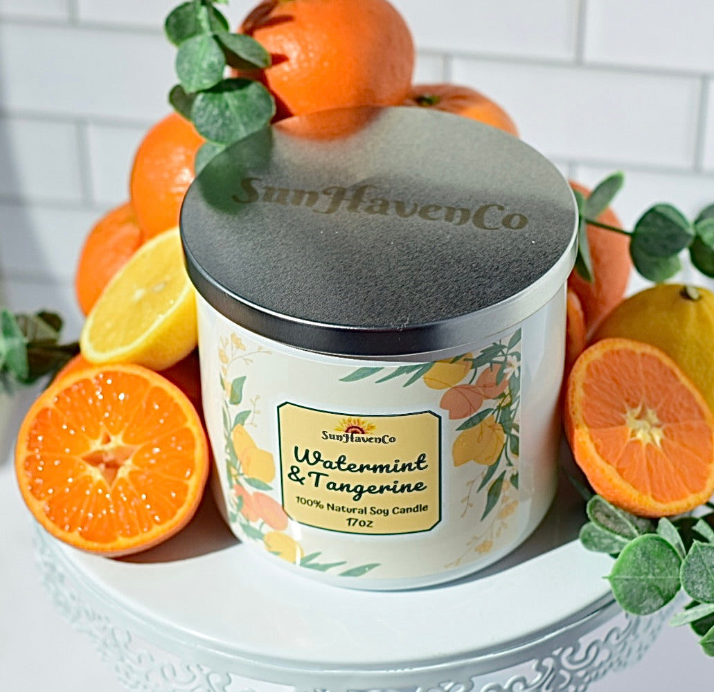 Large Watermint & Clementine Soy Wax Candles. 3 Wick Candles - SunHavenCo