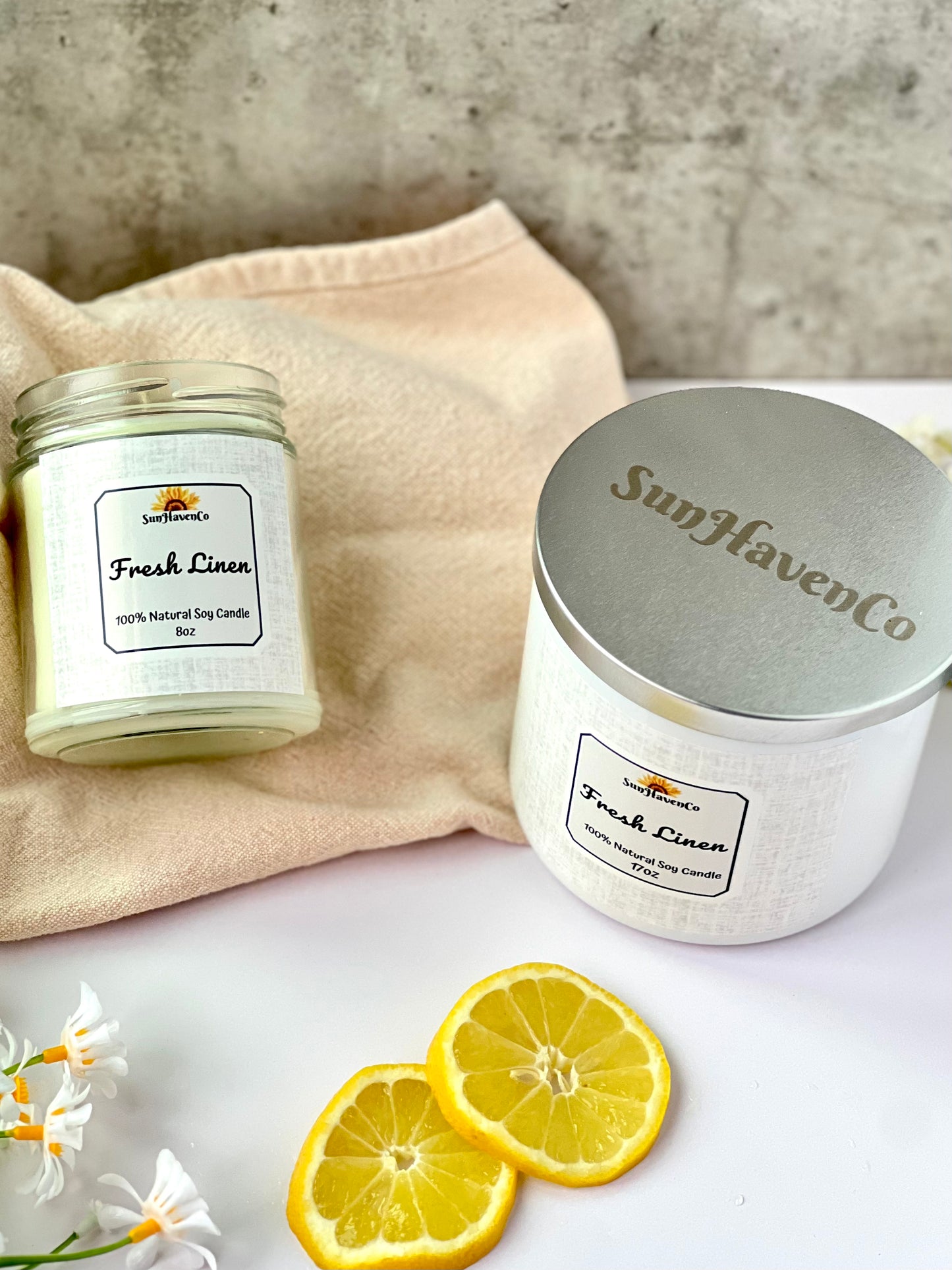 Large Fresh Linen Soy Wax Candles. 3 Wick Candles - SunHavenCo
