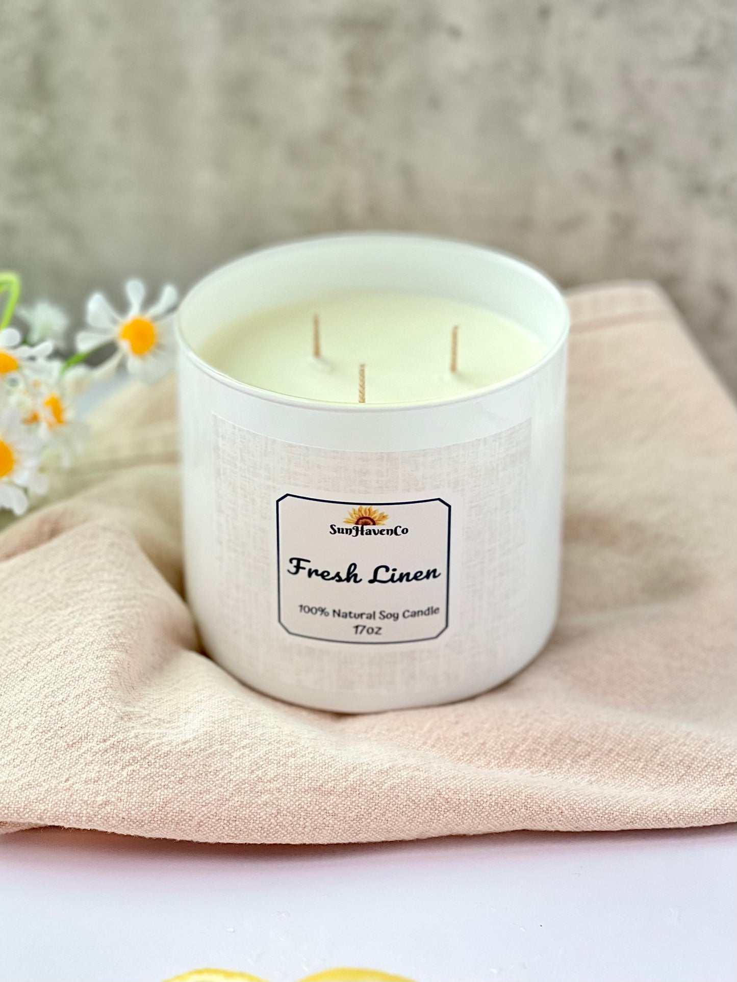 Large Fresh Linen Soy Wax Candles. 3 Wick Candles - SunHavenCo