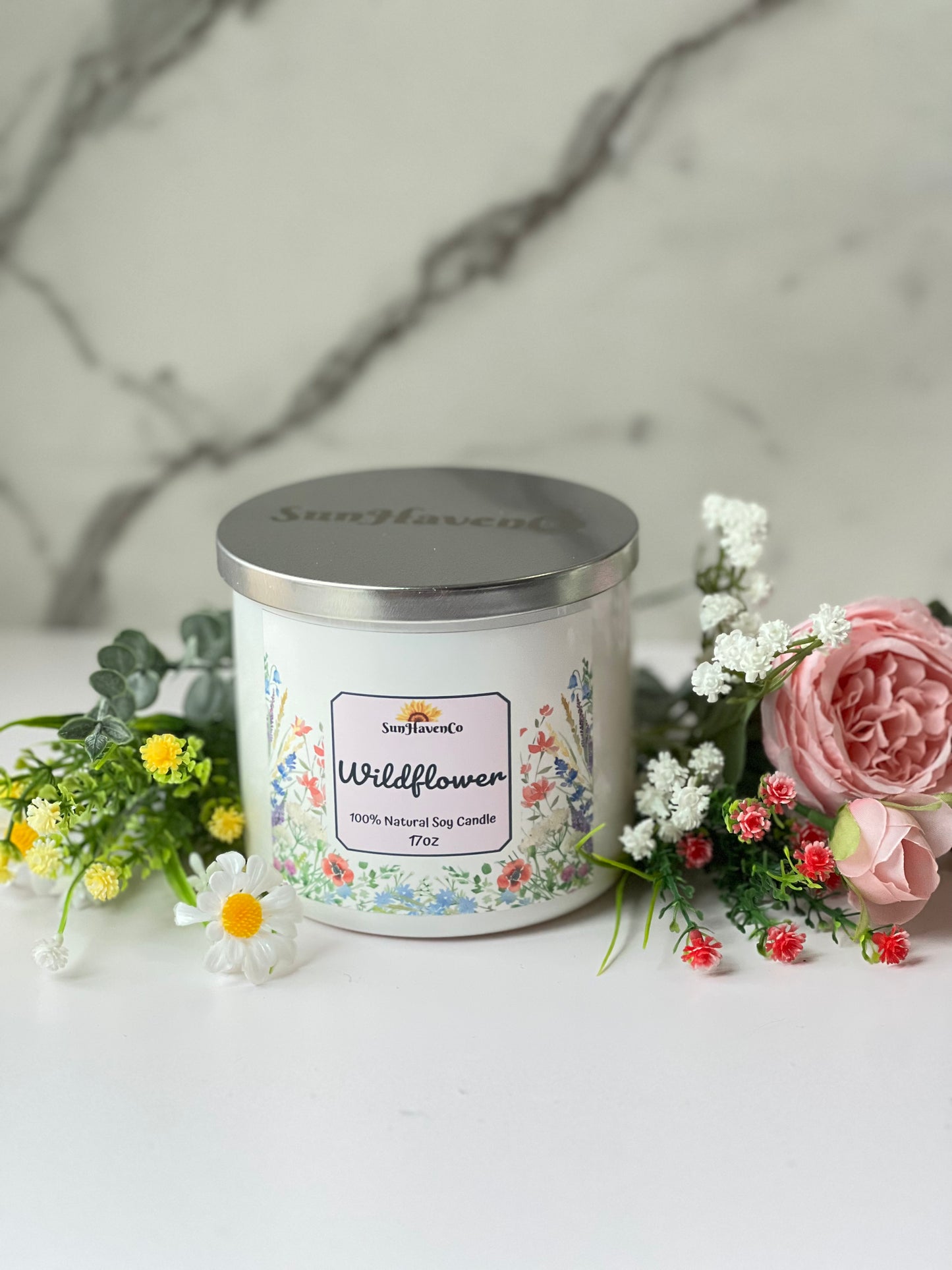 Large Wild Flowers Soy Wax Candles. 3 Wick Candles - SunHavenCo