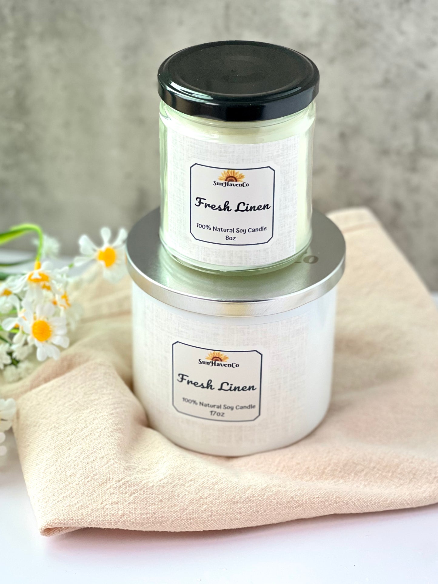 Large Fresh Linen Soy Wax Candles. 3 Wick Candles - SunHavenCo