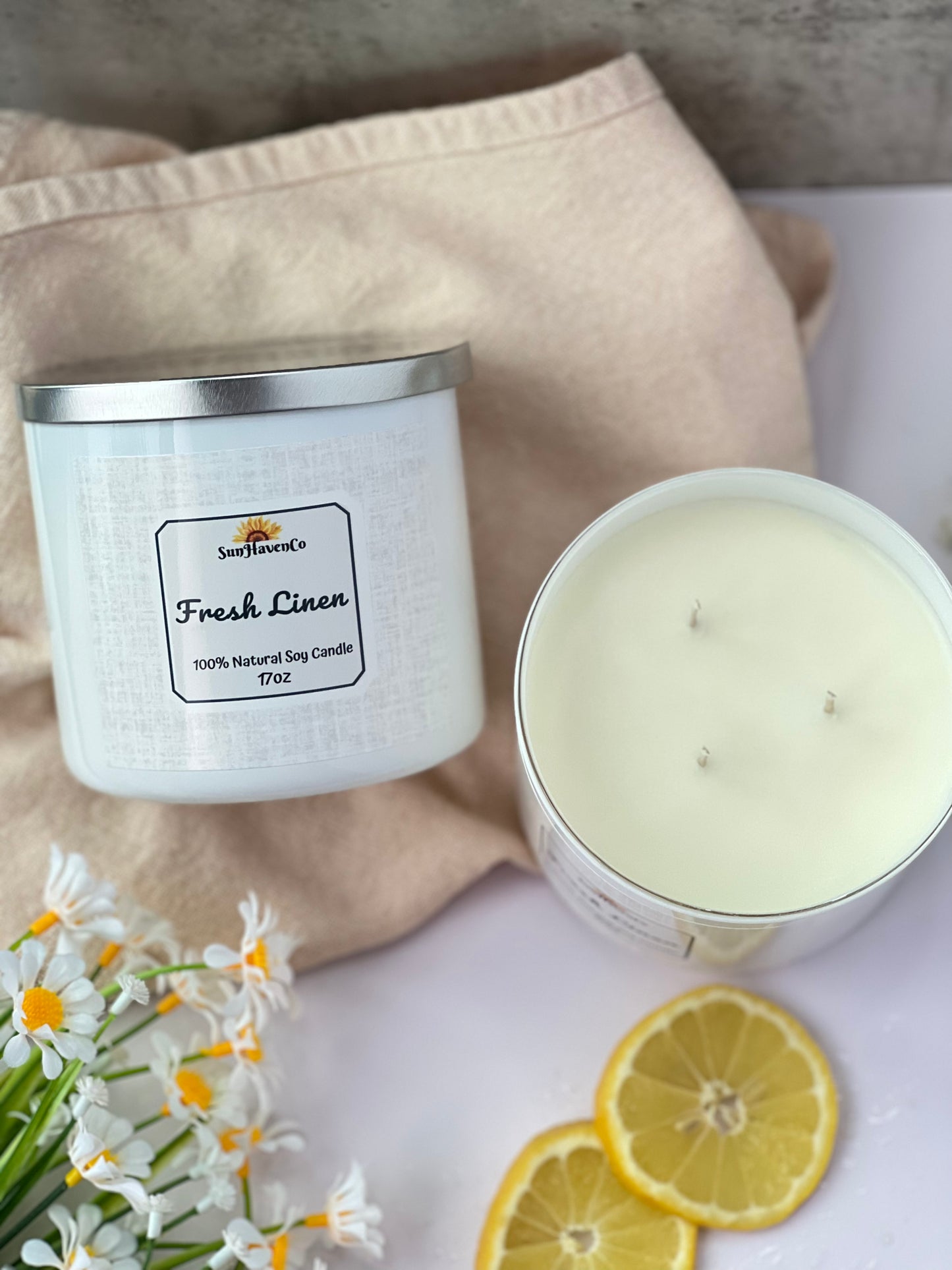 Large Fresh Linen Soy Wax Candles. 3 Wick Candles - SunHavenCo