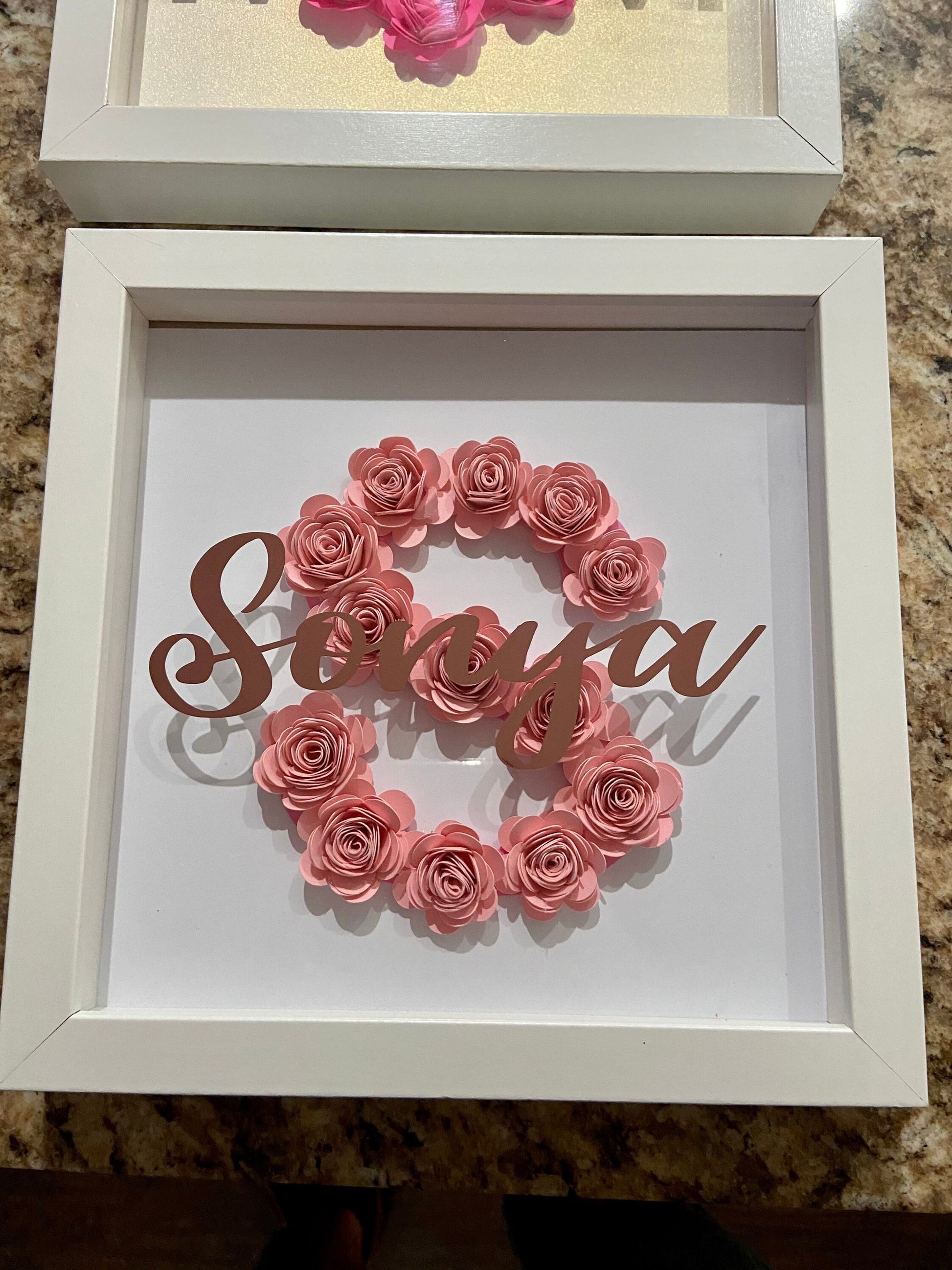Initial & Name Shadowbox with Paper Flowers - SunHavenCo